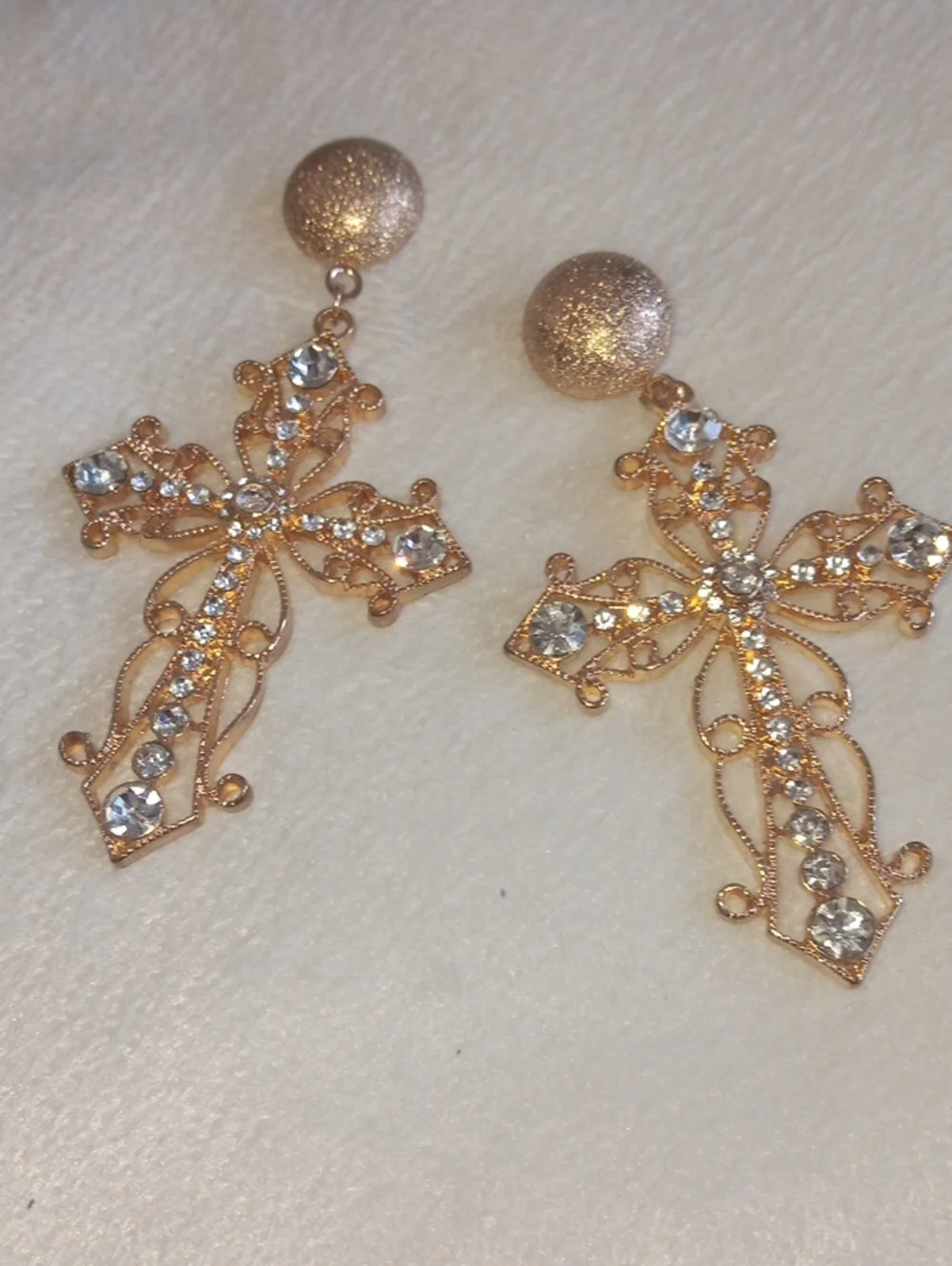 Gold Cross Drop Earrings with Clear Crystals Jewerly